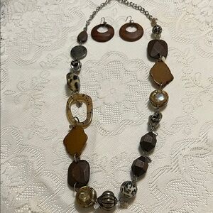 Earth Tone Glass,Resin,Wood,Metal, Animal Print Beaded Necklace and Earrings Set
